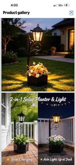 2-in-1 Solar Planter with Street Lamp Post Light, 75cm,