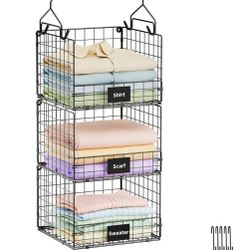 Sonyabecca 3-Tier Hanging Closet Organizer Wall Mount Clothes Hanging Shelves Wire Storage Basket
with Name Plate 5 S Hooks Cabinet Foldable for Cloth