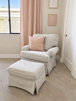 Upholstered Skirted Swivel Glider Rocker + Most Comfortable Swivel Rocker Ever + Matching Ottoman 😂
