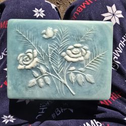 Vintage Blue Soapstone Rose Incolay Signed R. Nemith Trinket Box Lid