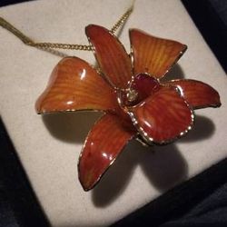 Real ORCHID 24kt Plated NECKLACE / BROOCH
