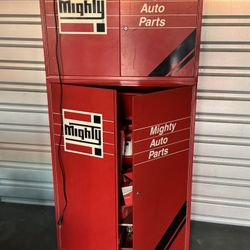 Vintage Mighty Auto Parts Cabinet With Supplies 