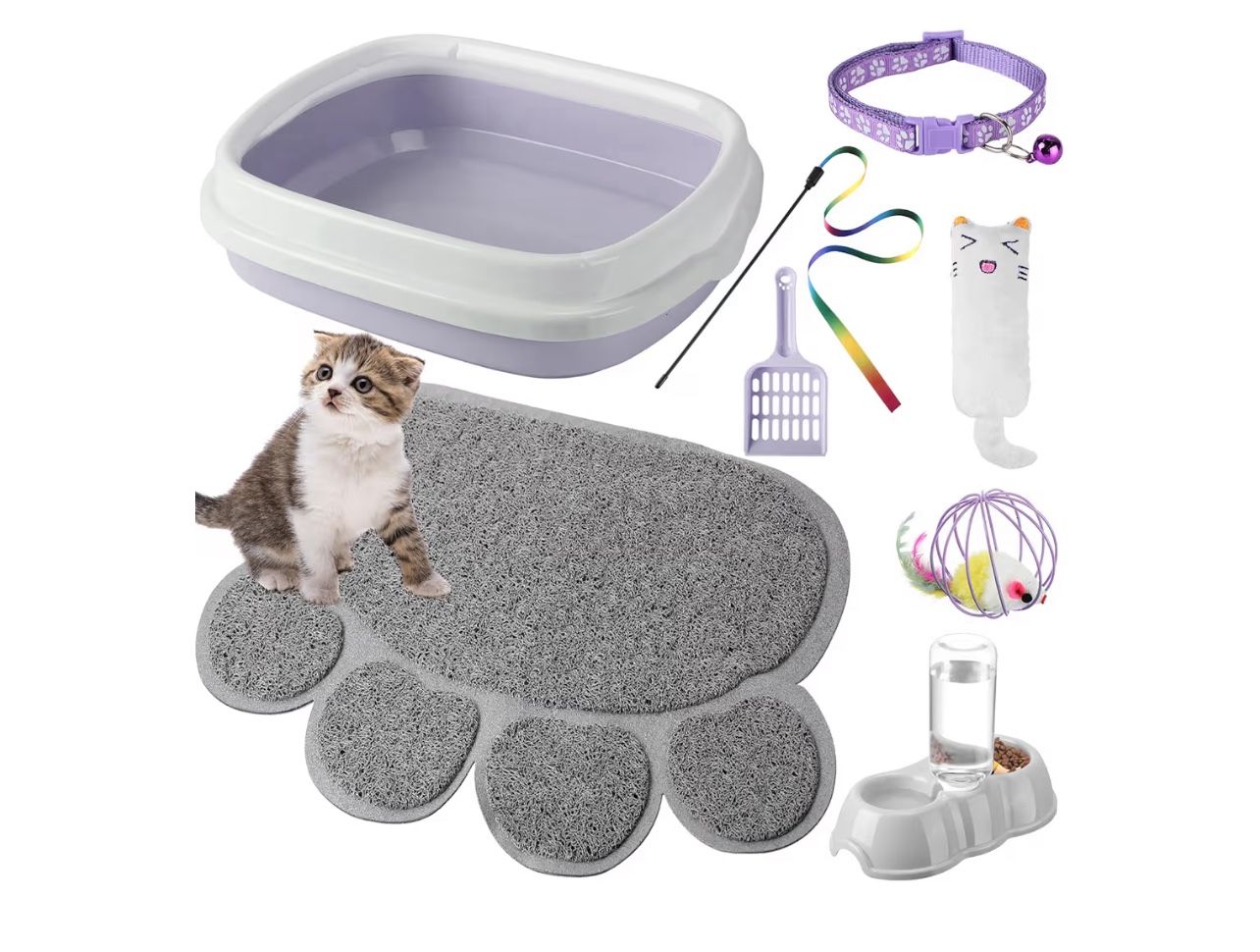 7 Pcs Small Cat Kitten Starter Kit Cat Litter Box with Shovel Paw Litter Mat Double Automatic Kitten Bowls Toy Teaser Stick Collar Essentials Kits for
