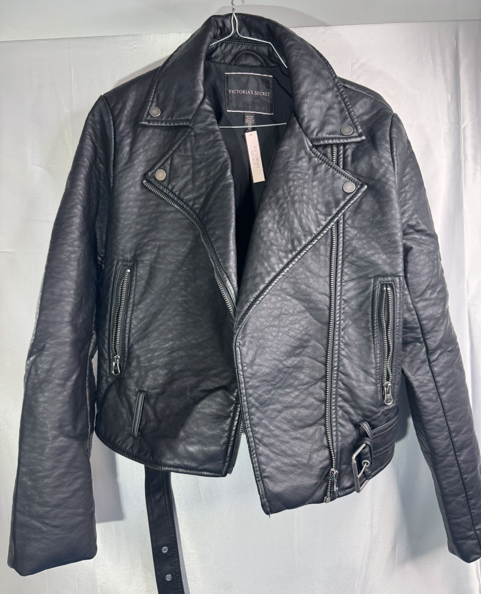 Victorias Secret Womens Moto Jacket S Black Faux Leather Edgy Biker Chic Rock