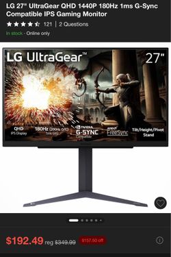 LG 27" UltraGear QHD 1440P 180Hz 1ms G-Sync Compatible IPS Gaming Monitor