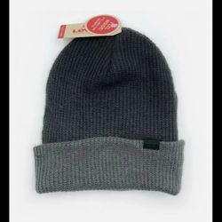 NEW Levi's Gray Knit Beanie Fleece Lined Hat Logo Cuffed One Size