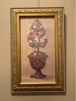 Print Barbara Mock signed Gold Frame Topiary Flower Rose