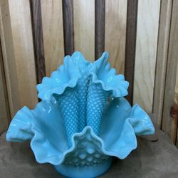 Antique Fenton Turquoise Glass Hobnail 3 Horns Epergne