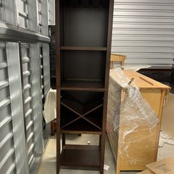 Tall Dark Wood Wine Tower / Bar Cabinet & Bookshelf