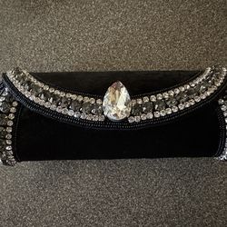 Elegant Black Snap Close Evening Bag With Rows Of Beads & Rhinestones & Large Pear Shaped Rhinestone