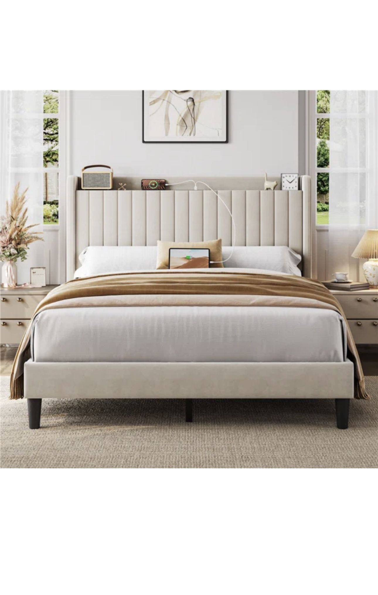 Upholstered Bed Frame with Charging Outlets and USB Ports