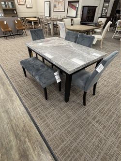 Steve Silver Napoli 6 Piece Dining Set - Grey Marble Top With Black Base And Grey-Blue Velvet Seating
