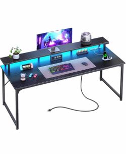 PRAISUN 55 inch Gaming Desk, LED & Power Outlets, Monitor Stand, Black Sturdy PC Desk for Home Office, Study & Work, LED Lights, 4 AC Outlets & USB-C
