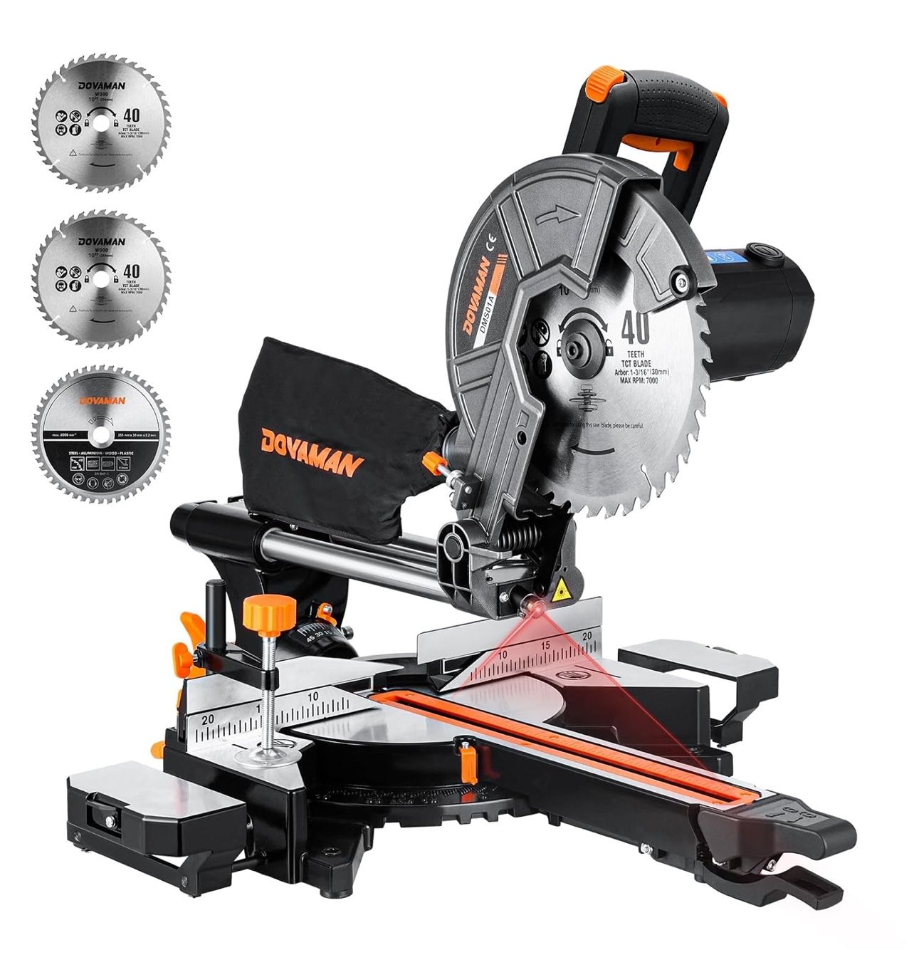 Updated 10-Inch Sliding Miter Saw, Multi-Material Cutting w/ 3 x TCT Blades, Ambidextrous Operation, 5000/3200RPM Speed, Laser Guide, 0-45° Bevel Cut,