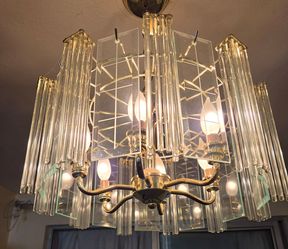 Vintage Glass Rod and Etched Panel Chandelier