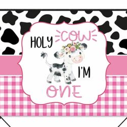 Holy Cow I'm One Birthday Backdrop Cow 1st Birthday Party Background Pink Gingham Girls Farm Birthday Party Cake Table Decoration Banner Photo Booth P