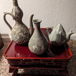 Antique vintage Korean Pottery Tea Set Vases W Stand