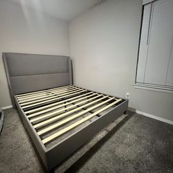Grey Upholstered Queen Platform Bed Frame