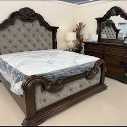 Brand New/ Dark Brown Upholstered Bedroom Set/Dresser, Mirror, NightStand, Bed// Mattress Sold Separately 