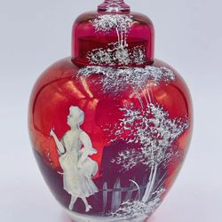 Vintage Fenton Hand Painted Mary Gregory Cranberry Glass Vessel Vase Ginger Jar