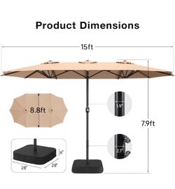 15ft Outdoor Patio Umbrella with Base Included Extra Large Pool Umbrellas with Crank, Double Sided Rectangle Table Umbrella for Deck, Market, Garden
