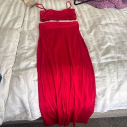 Red Two-Piece Crop Top and Maxi Skirt Set
