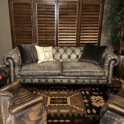 Grey Leather Nailheaf Sofa On Casters