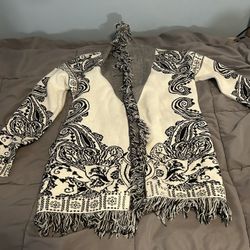 Sioni Cardigan Sweater With Belt And Fringe Black And White Print  - Long Sleeve 