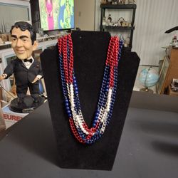 Patriotic Necklace Red White & Blue With Faux Pearls Multi-Strands 18" Plus 2" Of Extra Chain