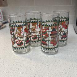 Set Of 4 Vintage Christmas Patchwork Quilt Tumbler Highball Drinking Glass Horn Drum Tree
