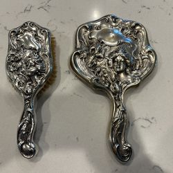 Late 1800's To Early 1900's G. Silver Brush And Hand Mirror