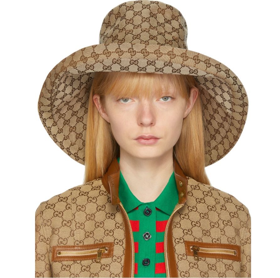 Gucci GG Beige Canvas Denim Wide Large Brim Monogram Jacquard Beach Bucket Hat New