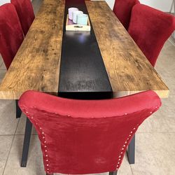 Brown Wood/metal  Dining Table With 6 Red Velvet Chairs