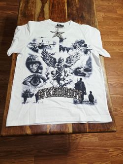 Wkndriot - War Graphic Tee White Rhinestone Logo Angel Soldier. Size Medium