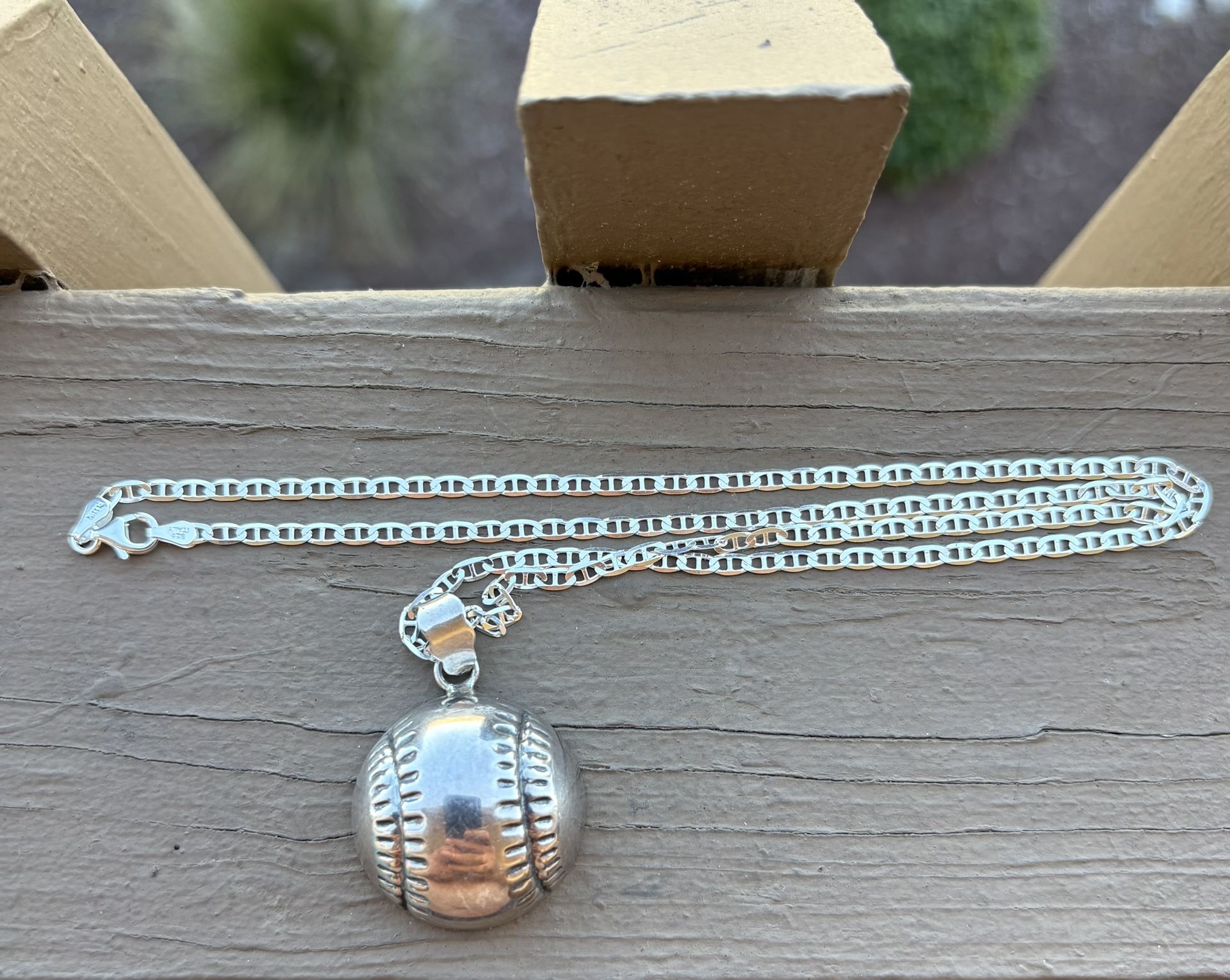 Nice Vintage Sterling Silver .925 Baseball Pendant On New 20” Mariner Chain