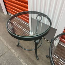 Small Rustic  Round  Metal Side Table With Glass Top