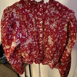 DOEN Jane Blouse Red Dahlia Floral Smocked Cotton Top (size S)