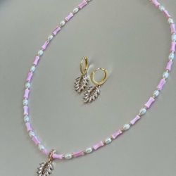 Natural Pearl & Freshwater Shell necklace set with 18K Gold Plated Earrings - pink & gold - Handmade Necklace