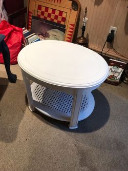 Vintage end table 27 x 21 x 21. White with dark waxing.