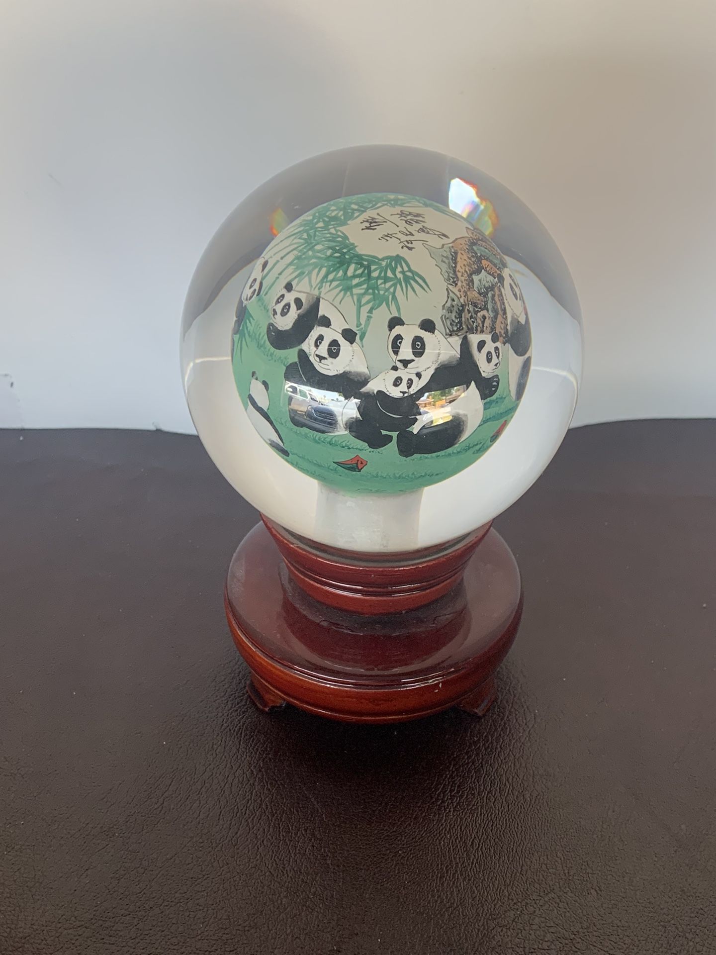 ORIENTAL Crystal Glass Reverse Hand Painted  PANDA BEAR GLOBE W/TEAK STAND