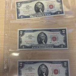   3 1963 Red Seal $2 Dollar United States Notes/Bills w/ Consecutive Serial No.'s  