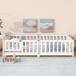 Twin Size Floor Bed with Door and Fence, UHOMEPRO Montessori Floor Bed with Slats and Safety Guardrails, Solid Wood Twin Bed Frame for Bedroom, White