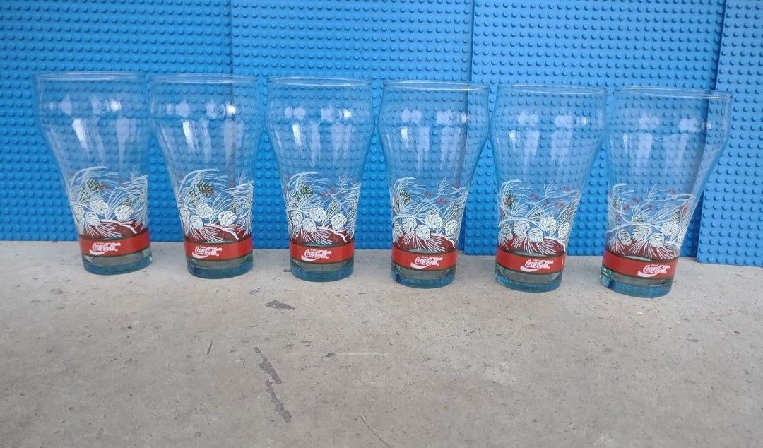 Vintage Christmas Coca Cola 16 oz. Collectible Glass Pine Bough Flared 6 Count