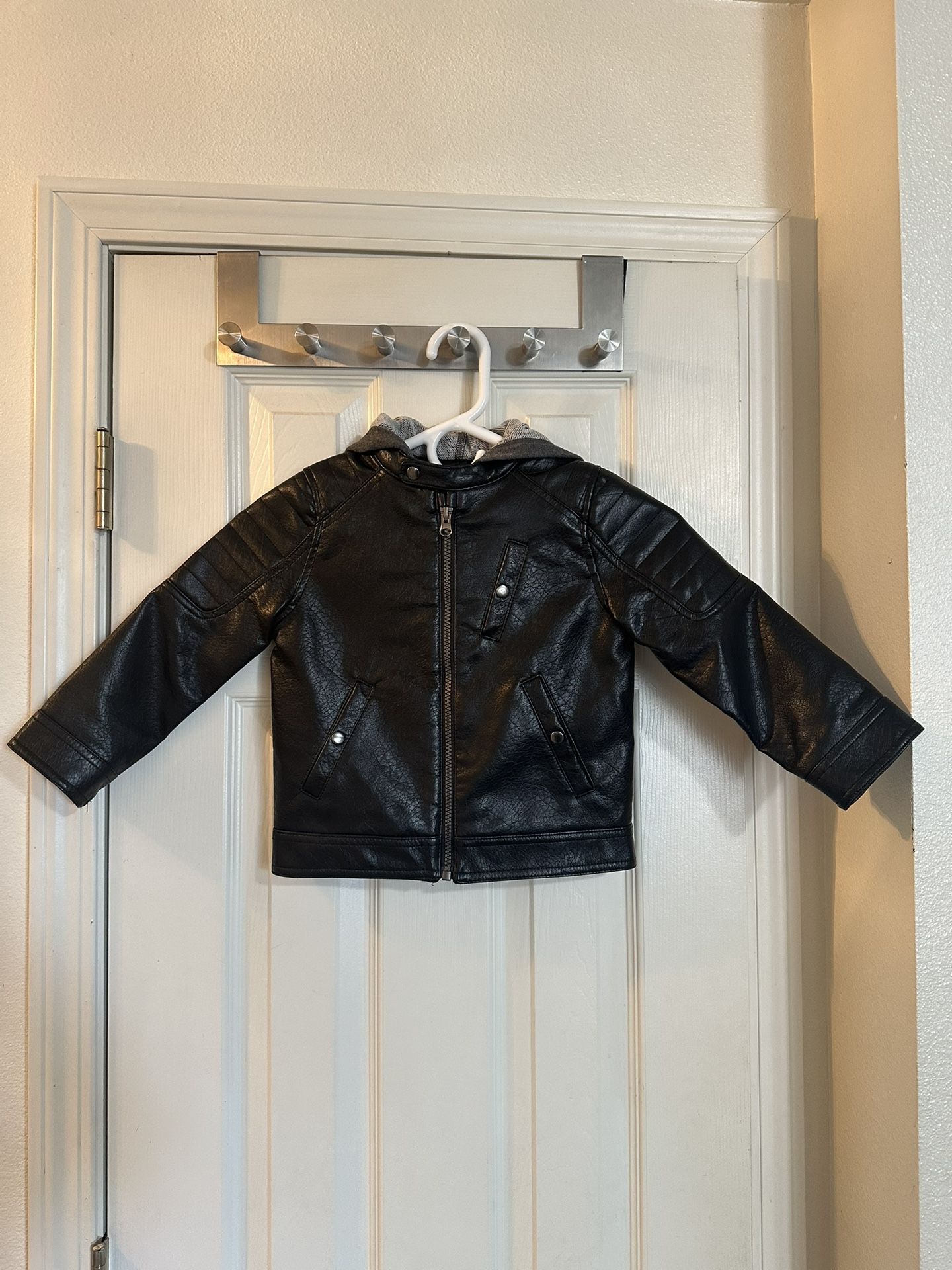 4T Little Boys Black Plastic Leather Jacket With Hood