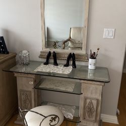 Antique Vanity Glass Set With Storage & Mirror & Chair 