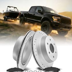 Rear Drilled & Slotted Brake Kit Compatible With F-150 2012-2018 (For 6-Lug with Mechanical Parking Brake Only) | GEOMET Coated Vented Rotors for Enha