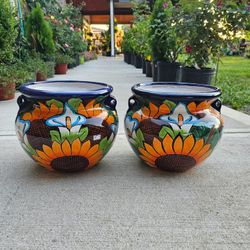 Talavera SMALL Sunflower And Alcatraz Clay Pots. Planters. Plants. Pottery, $35 cada una.