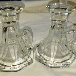 Pair Of Vintage Glass Candle Holders 4 1/2 Inches Tall With Handles L5V025