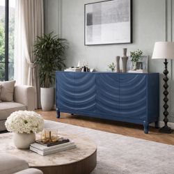 Stylish  Buffet Sideboard with Sophisticated Wavy Pattern Doors and Arched Groove: Four - Door, Adjustable-P