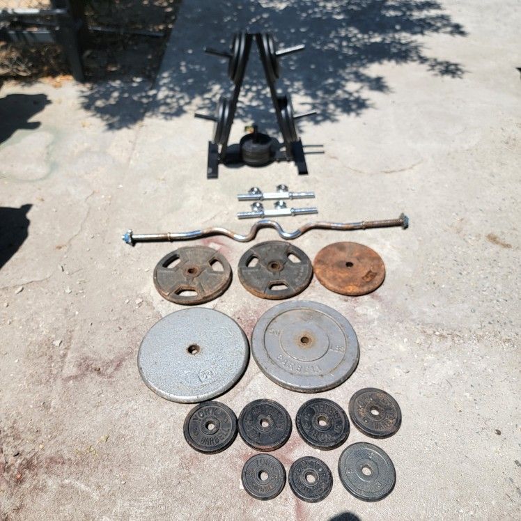 Standard Dumbells & Curlbar Set With Rack Plus Weights